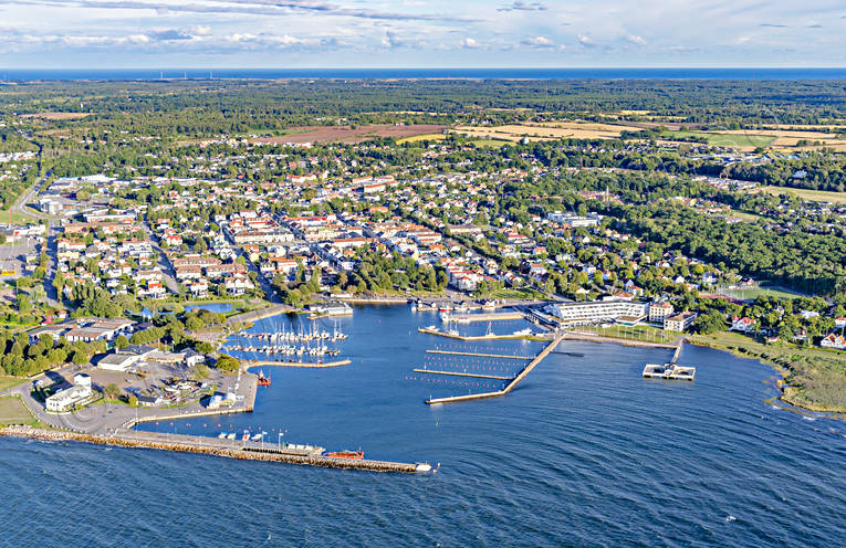 aerial photo, aerial photo, aerial photos, aerial photos, Borgholm, drone aerial, drnarfoto, fishing port, gsthamn, harbour, jetty, oland, samhllen, small-boat harbour, summer, wave-breaker