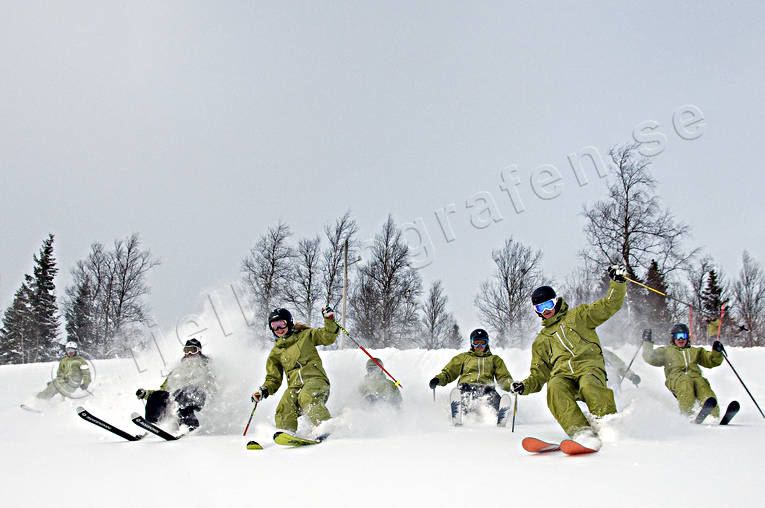 deep snow, down-hill running, Edsdalen, group, happy, joy, laughter, offpist, skier, skies, skiing, snow, snow-spray, sport, winter