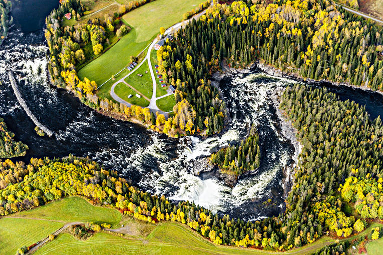 aerial photo, aerial photo, aerial photos, aerial photos, are river, autumn, drone aerial, drnarfoto, fishing spots, Jamtland, Ristafallet, Rista Fall, Swedish Mountains, watercourse