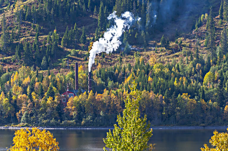 chimney, district-heating, long-distance heating, emission, environment, installations, Jamtland, lake, nature, smoke, thermal power station, woodland