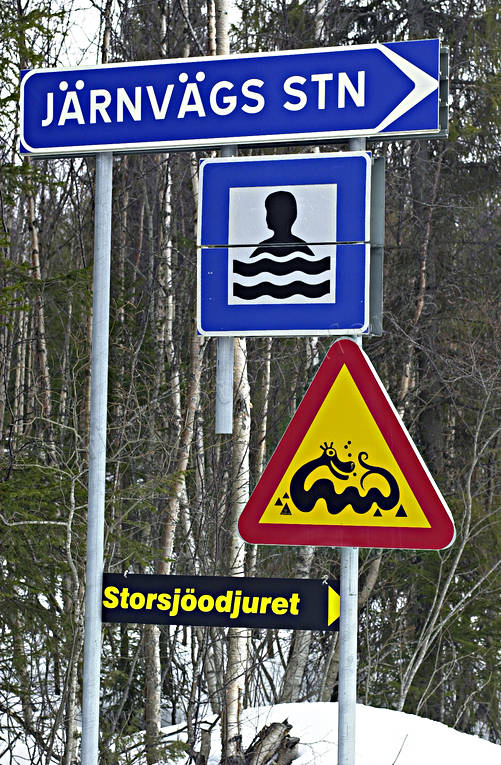 culture, grate lake monster, installations, Jamtland, warning, warning road sign