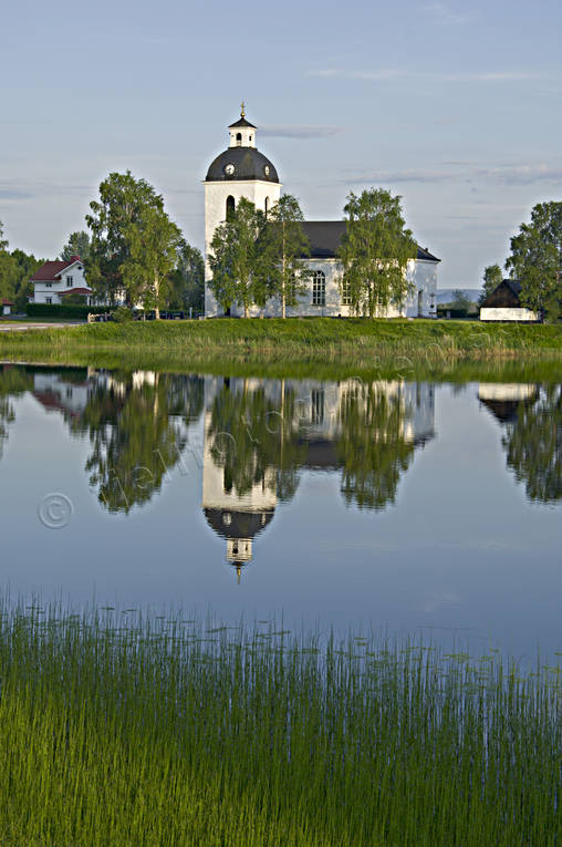 church, church, church village, churches, community, evening, evening light, Herjedalen, Norrland, reflection, reflection water, samhllen, stone church, Ytterhogdal