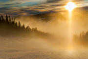 cloud, fog, Jamtland, landscapes, ski-slope, sun, sunset, winter